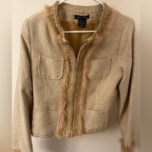 Anne Carson Beige Fur Zip-up Blazer